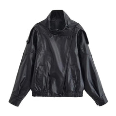 Diane Stand Collar Faux Leather Bomber Jacket