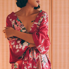 Floral Satin Mini Kimono Robes - Dark-Pink Color M