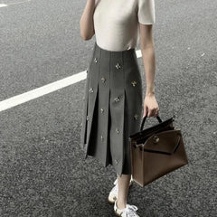 Leslie Crystal Embellished Pleated Midi Skirts