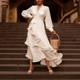 Elegant White Satin V-Neck Prom Dress �Long Sleeve Layered Ruffle Gown