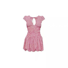 Red Pattern Hollow Out Short Sleeve Dress Women