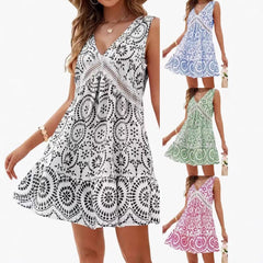 Elegant Printed Hollow Lace Dress V-neck Sleeveless Dress