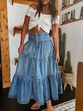 Bohemian A-Line Layered Cake Denim Skirt �Vintage Tiered Midi Skirt