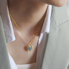 French Exquisite Blue Dripping Enamel Flower Love Necklace For Women