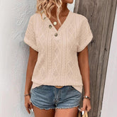 Button V-Neck Jacquard Short Sleeve Shirt