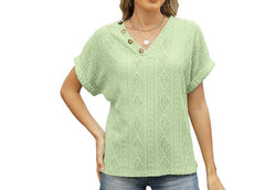 Button V-Neck Jacquard Short Sleeve Shirt