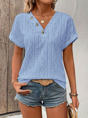 Button V-Neck Jacquard Short Sleeve Shirt