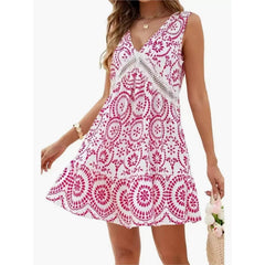 Elegant Printed Hollow Lace Dress V-neck Sleeveless Dress