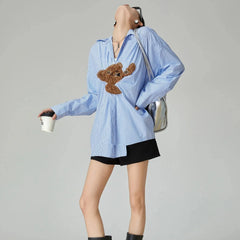 Dores Teddy Bear Patchwork Pin Stripe Shirts