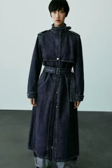Sable High Stand-Collar Denim Trench Coat