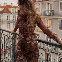 Anais Vintage Flower Printed Mesh Bodycon Dress