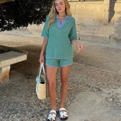 Aluna Retro Pinstripe Shirts and Shorts Knit Suit