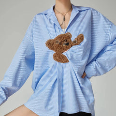Dores Teddy Bear Patchwork Pin Stripe Shirts