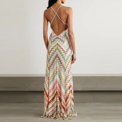 Ruena Colorful Striped Crochet Maxi Halter Dress - Beige M - SALE