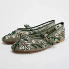 Saachi Floral Embroidery Mesh Ballet Flats