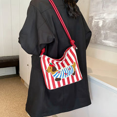 Cute French Poppy Patchwork Stripe Shoulder Bag