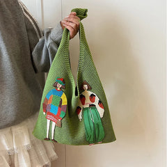 Tamara Two Girls Embroidery Knit Shoulder Bags