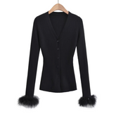 Feather Cuff Ribbed V-Neck Cardigan