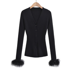 Feather Cuff Ribbed V-Neck Cardigan