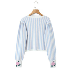 Amelie Floral Blue Striped Pointelle Knit Cardigan