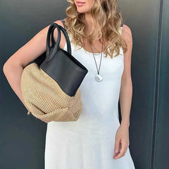 Elei Leather Patchwork Straw Large Tote