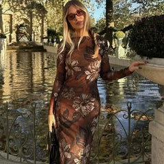 Anais Vintage Flower Printed Mesh Bodycon Dress