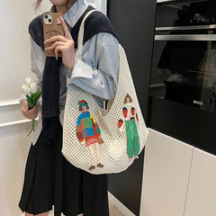 Tamara Two Girls Embroidery Knit Shoulder Bags