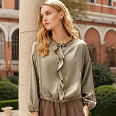 Yelena Satin Ruffle Bomber Jacket