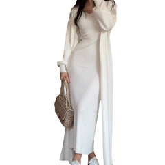 V-neck Elegant Knitted Straight Long Dress Two-piece Set