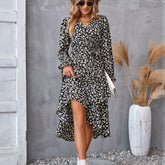 Flowers Print Long Sleeve Dress Ruffled Commuter Temperament Dresses Womens Clothing