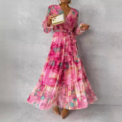 Long-sleeved Floral Print Dress Elegant V-neck Pleated High-waisted Big Swing Chiffon Maxi Dresses For Clothing