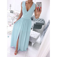 Sleeveless And Ankle Skirt Solid Color V-neck Front Split Long Dress