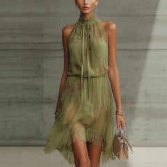 V-neck Waist Trimming Ruffles Elegant Dress