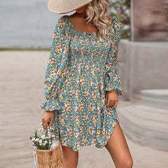All-match Beach Print Square Collar High Waist Casual Dress