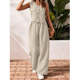 Womens Two Piece Outfits Button V Neck Crop Vest Blazer And Wide Leg Pants Suit Matching Sets