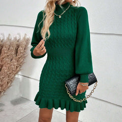 Clothing Temperament Twisted Waist Solid Color Dress
