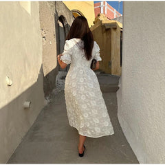 V-neck Puff Sleeve Dress White Embroidered Women