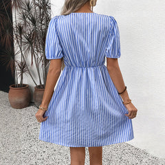 Retro Striped Dress Round Neck Bowknot Lace-up Dress