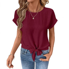 Bow-tied Hem Short-sleeve Shirt Round-neck Pullover