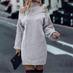 Loose Mid-length Sweater Half Turtleneck Off-the-shoulder Long Sleeve Knitted Dress