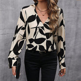 Printed V-Neck Long-Sleeve Loose Casual Top
