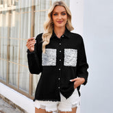Loose Lapel Denim Shirt With Sequined Pockets Design Tops For Women
