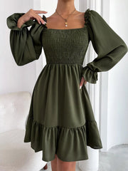 Flared Long Sleeve Dresses Square Neck Ruffled Swing Dress