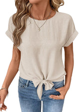 Bow-tied Hem Short-sleeve Shirt Round-neck Pullover