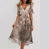 Flowers Printed V-neck Dress A-line Short-sleeved Dresses For Women
