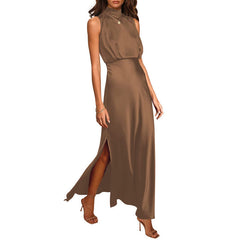 Satin Stand Collar Dress �Elegant High-Neck Silky Style