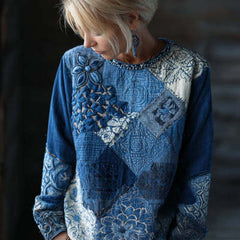 Womens Retro Bohemian Rose-Embroidered Loose Linen Top