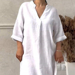 Cotton Linen V-neck Loose Plus Size Dress
