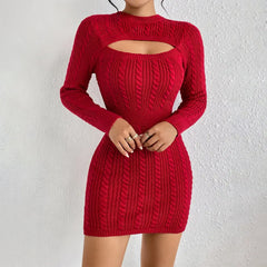 Hollow-out Cinched Clothing Package Hip Sweater Dress