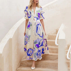 Print Dresses For V-neck Button Short Sleeve Dress